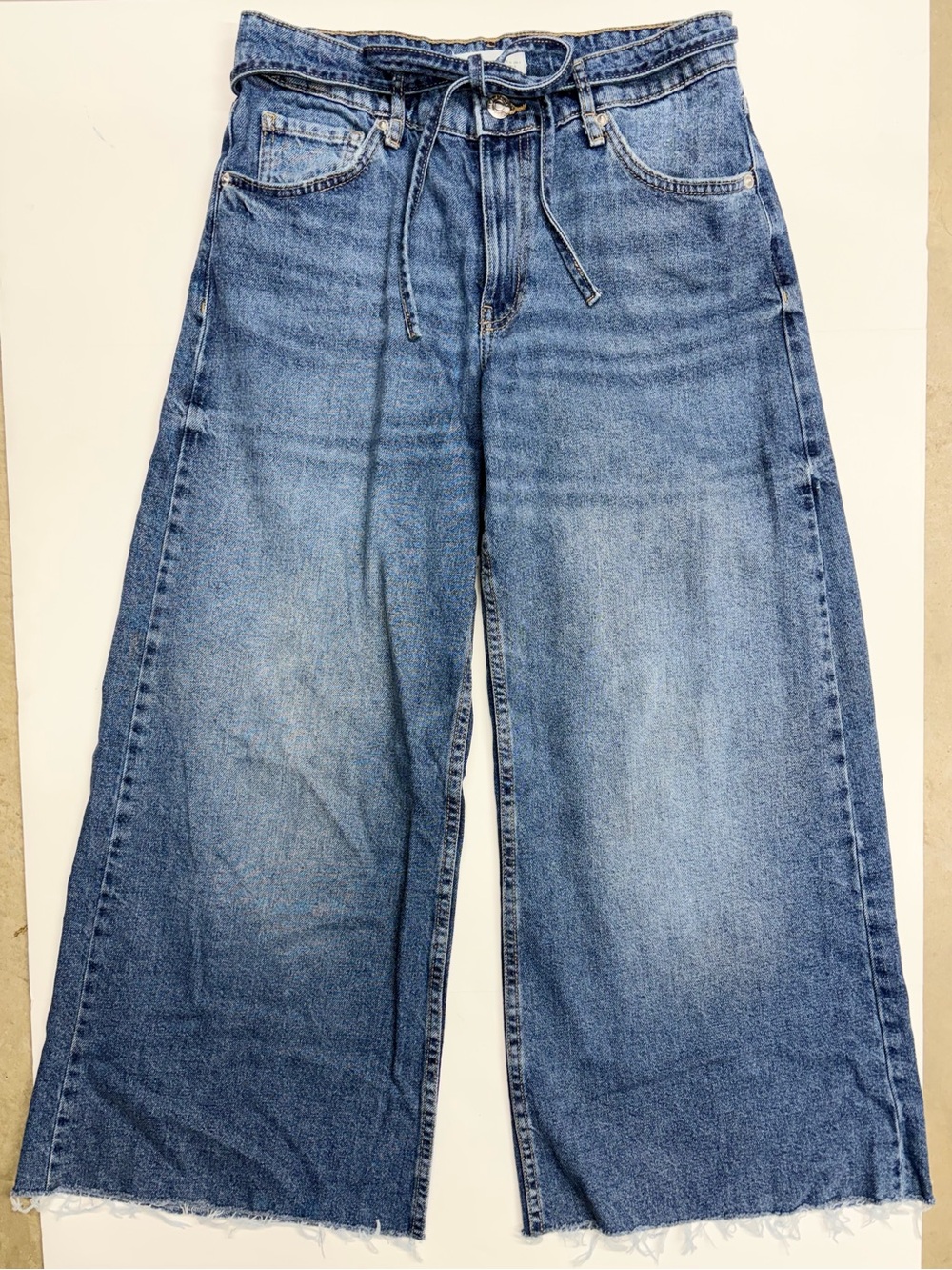 Mango MNG US 4 Wide Leg Frayed Hem Blue Denim Jeans palazzo crop 100% Cotton